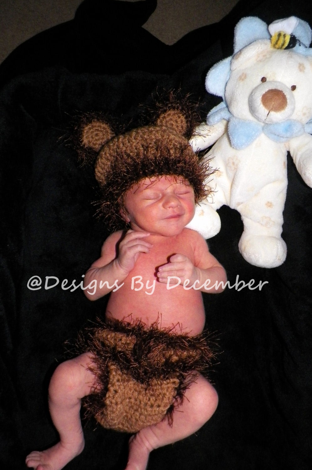 Teddy Bear Diaper Cover Set Costume Photo Prop Newborn to 3 month Crocheted Warm Brown Fuzzy