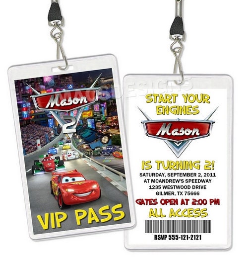 Cars VIP Pass Birthday Party Invitations Favors digital U print