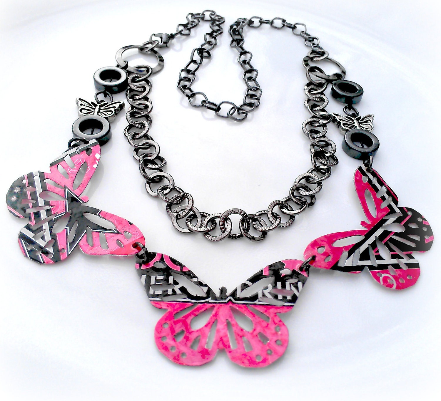 Recycled Jewelry RockStar Energy Pink N Black Women Gift Recycled Soda Can Jewelry Butterfly Necklace Double Sided - N600