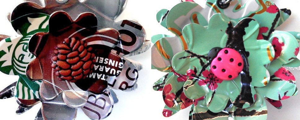 Recycled Magnets Aluminum Can  - Set of Any 2 - Starbucks Arizona Tea Upcycled - Pine Cone Ladybug Large Flower Magnets - M05
