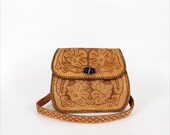 tooled leather handbag / tan floral etched purse