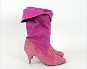 pink boots 5 1/2 : raspberry denim & suede heeled boots / vintage Candies