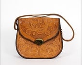 tooled leather purse / structured hobo bag / floral honey brown pattern