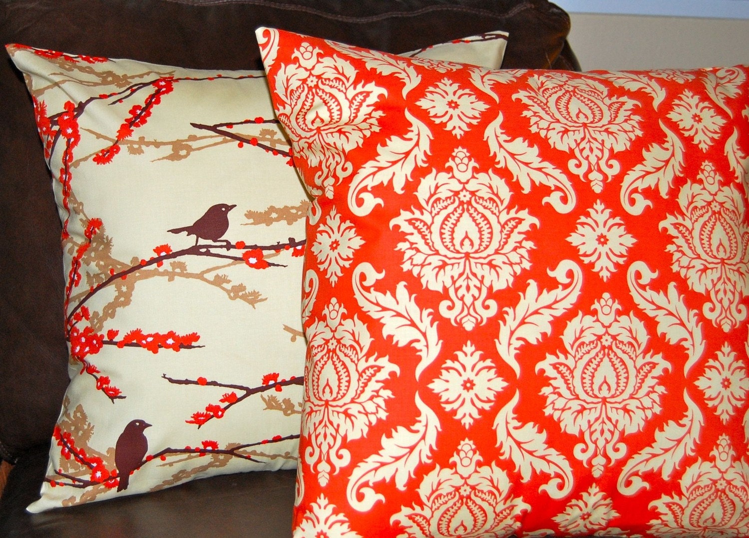 Pillows Orange and Bark Sparrow Pillow Covers - 18 Inches - Aviary 2 by Joel Dewberry Sparrows in Bark and Damask in Saffron Orange
