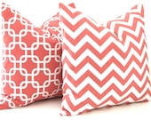 MEMORIAL DAY SALE Euro Sham Coral Pillow Decorative Throw Pillow Covers One 24 x 24 Inches Combo Coral Chevron and Chain Link on White