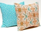 Pillow Decorative Throw Pillow Covers Tangerine Orange and Turquoise on Natural 18 x 18 Inches - NEW - Floral and Greek Key Cushion Covers