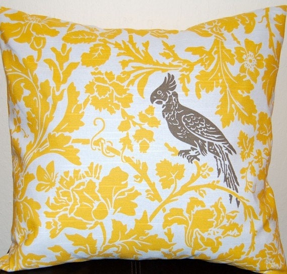 Decorative Throw Pillow Cover ONE - 20 x 20 Inches Yellow Floral with Bird