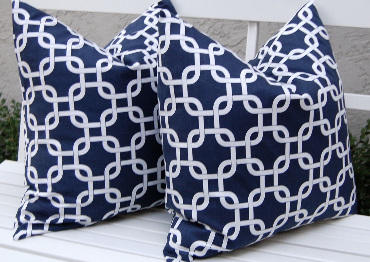 MEMORIAL DAY SALE Euro Pillow Sham Accent Pillows Decorative Pillow Covers 24 x 24 Inches - Navy and White Chain Link