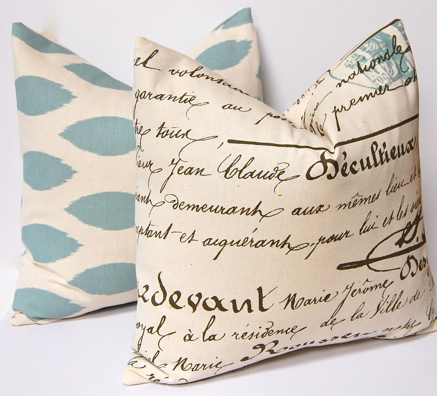 Decorative Throw Pillow Covers in Blue on Natural 20 x 20 Inches - Antique Script and Ikat Blue Cushion Covers