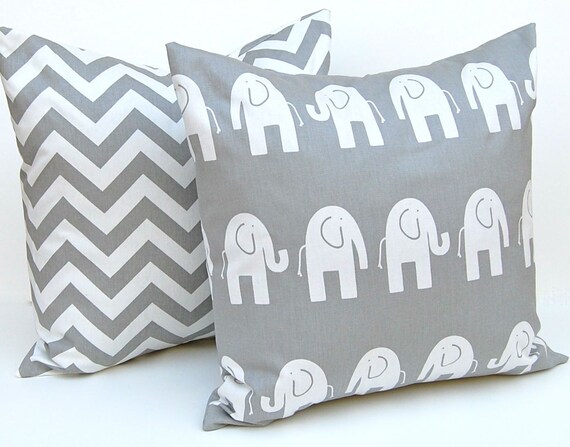 Decorative Pillows Children Decor Gray Animal Pillow Covers Accent Pillows Nursery Decor 18 x 18 Inches Elephant and Chevron Prints