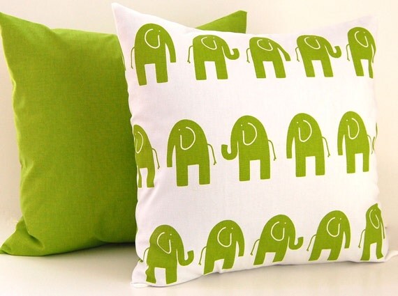 MEMORIAL DAY SALE Decorative Pillows Kids Room Children Pillow Green and White Elephant Pillow Covers Nursery Decor 20 x 20 Inches Elephant