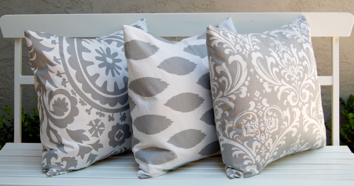 Decorative Pillows, Trio of Suzani and Ikat Decorative Throw Pillow Covers with Three 20 x 20 Inch Pillow Covers in Storm Gray