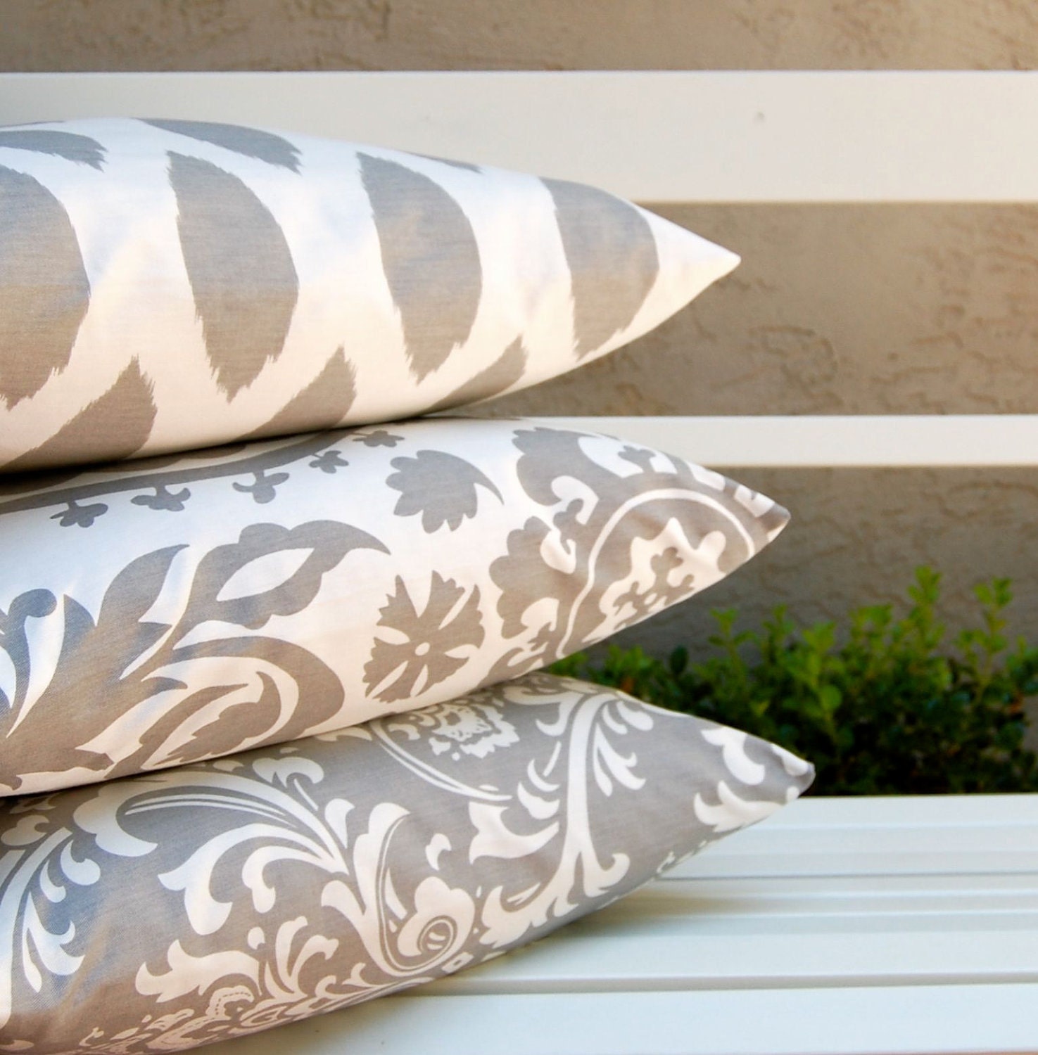 Decorative Pillows, Trio of Suzani and Ikat Decorative Throw Pillow Covers with Three 20 x 20 Inch Pillow Covers in Storm Gray