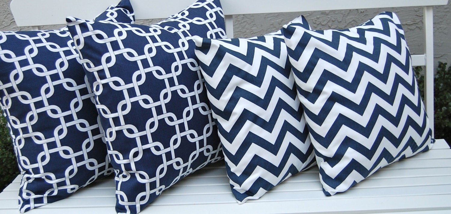 MEMORIAL DAY SALE Chevron Pillows Accent Pillows Decorative Pillow Covers Combo  20 x 20 Inches with 18 x 18 Inches - Navy and White Chain