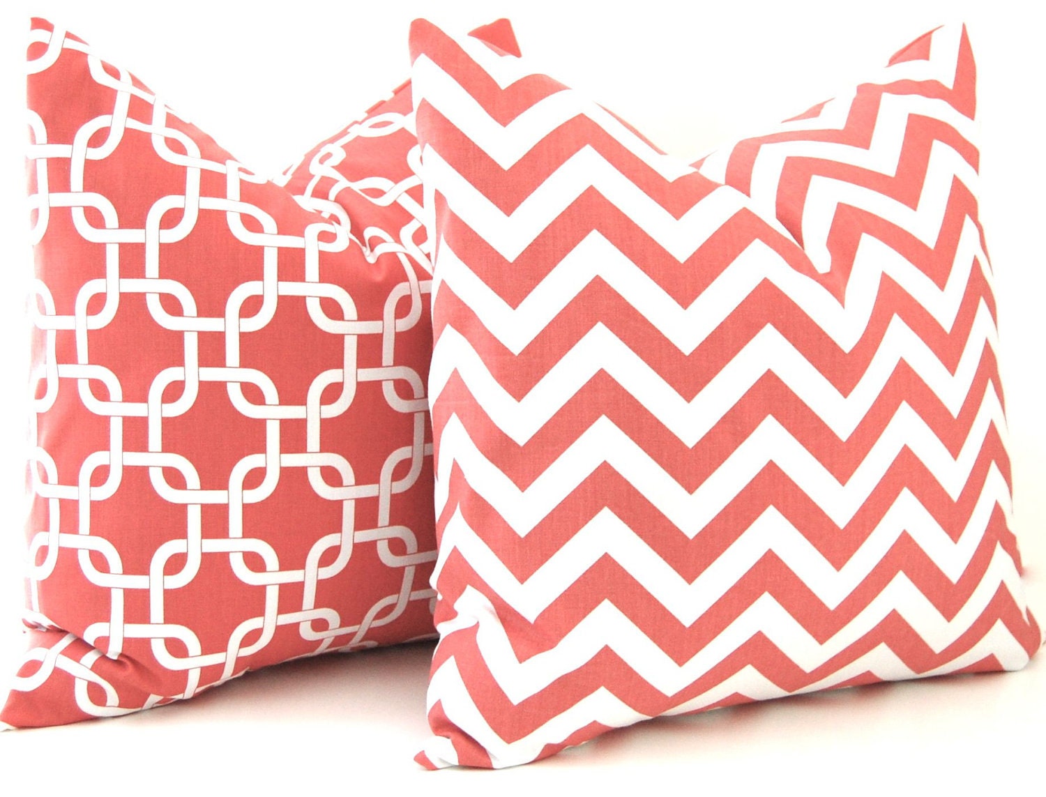 Coral Pillow Decorative Throw Pillow Covers 20 x 20 Inches Combo Pair Pillow Covers Coral Chevron and Chain Link on White