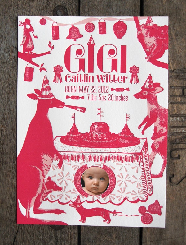 Letterpress Custom Designed Birth Announcements Kangaroo Party with photo
