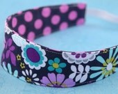 Reversible Fabric Headband- Children Toddler Michael Miller Fabric Duo Gray Lazy Daisy and Gray Ta Dot