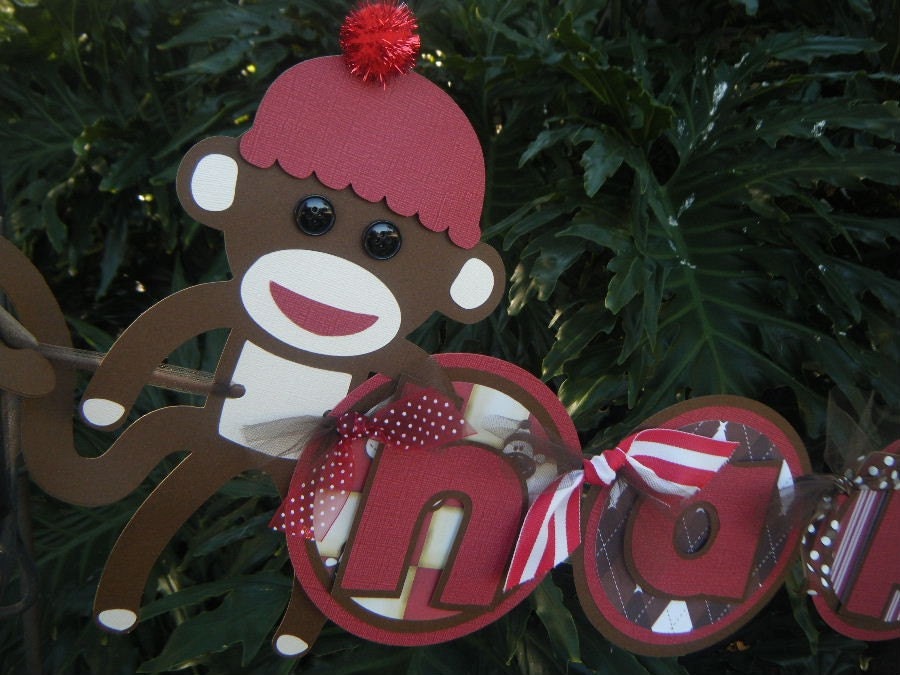 Sock Monkey "Happy 1st Birthday" BANNER in Brown and Red