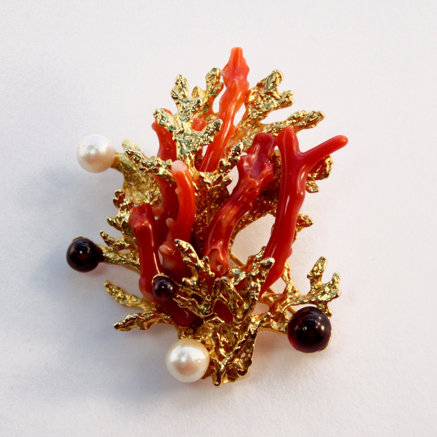RESERVE for Amanda Gu - Rare Swoboda Coral Brooch - Genuine Coral, Pearl and Garnets - Vintage