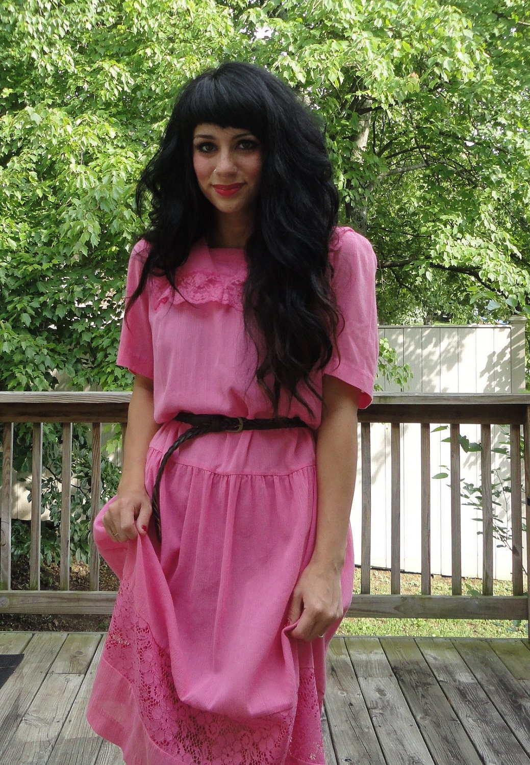 SALE Vintage 80s pink lace drop waist sailor dress