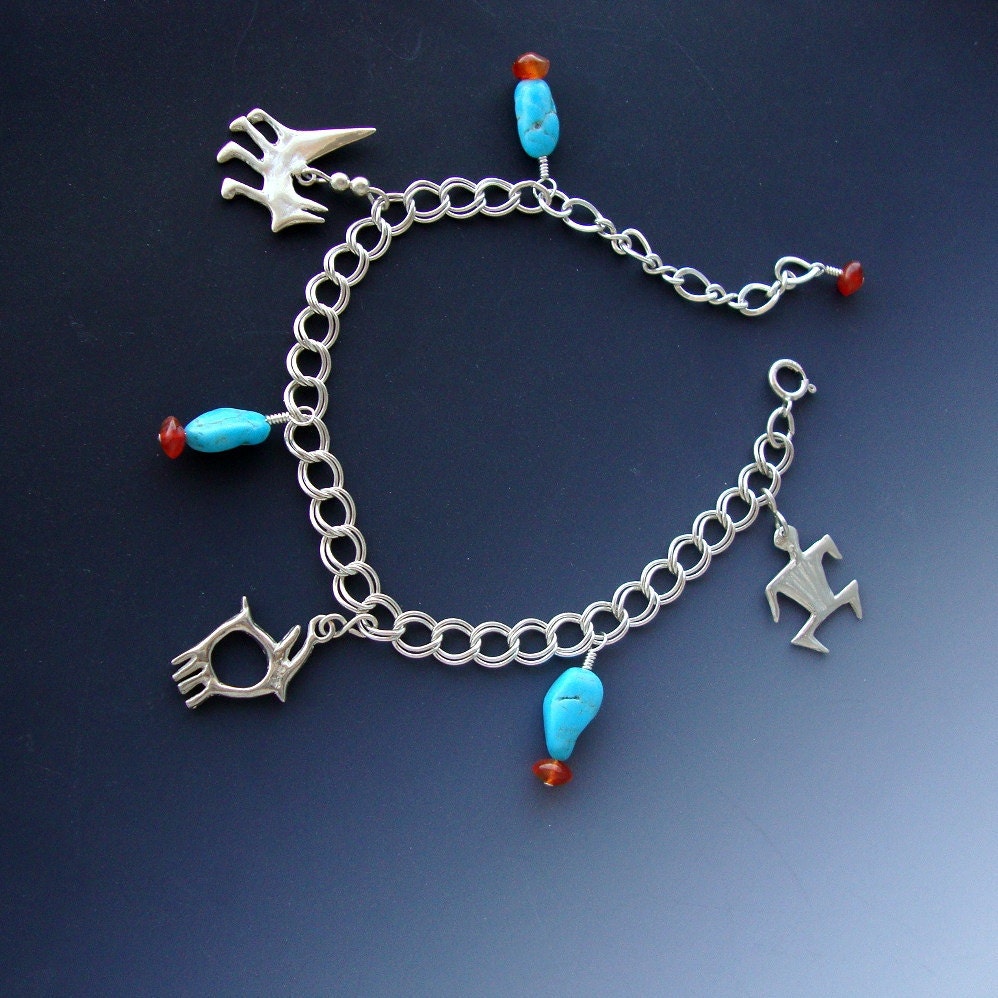 Jewelry Bracelet Sterling Petroglyph Charms Turquoise Carnelian