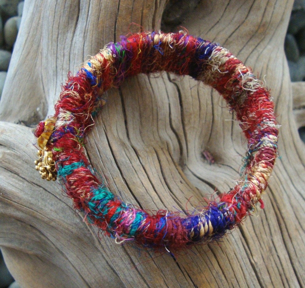 Bangle Bracelet of Sari Silk and Gold Vermeil Charm