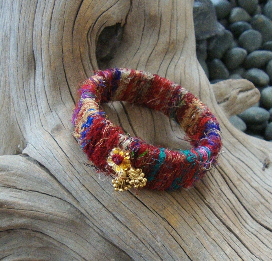 Bangle Bracelet of Sari Silk and Gold Vermeil Charm