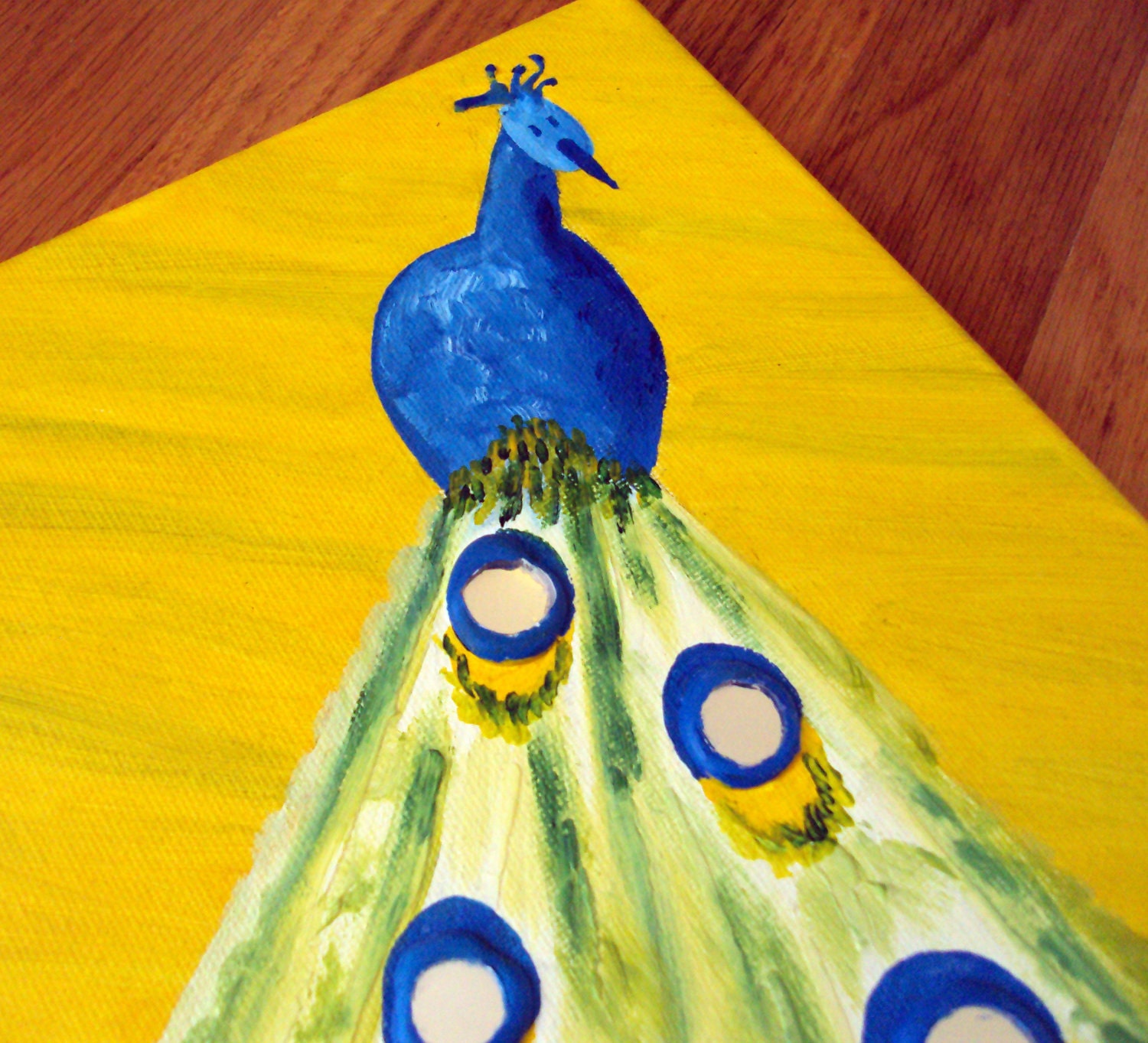 Peacock art for children, blue and yellow kids art