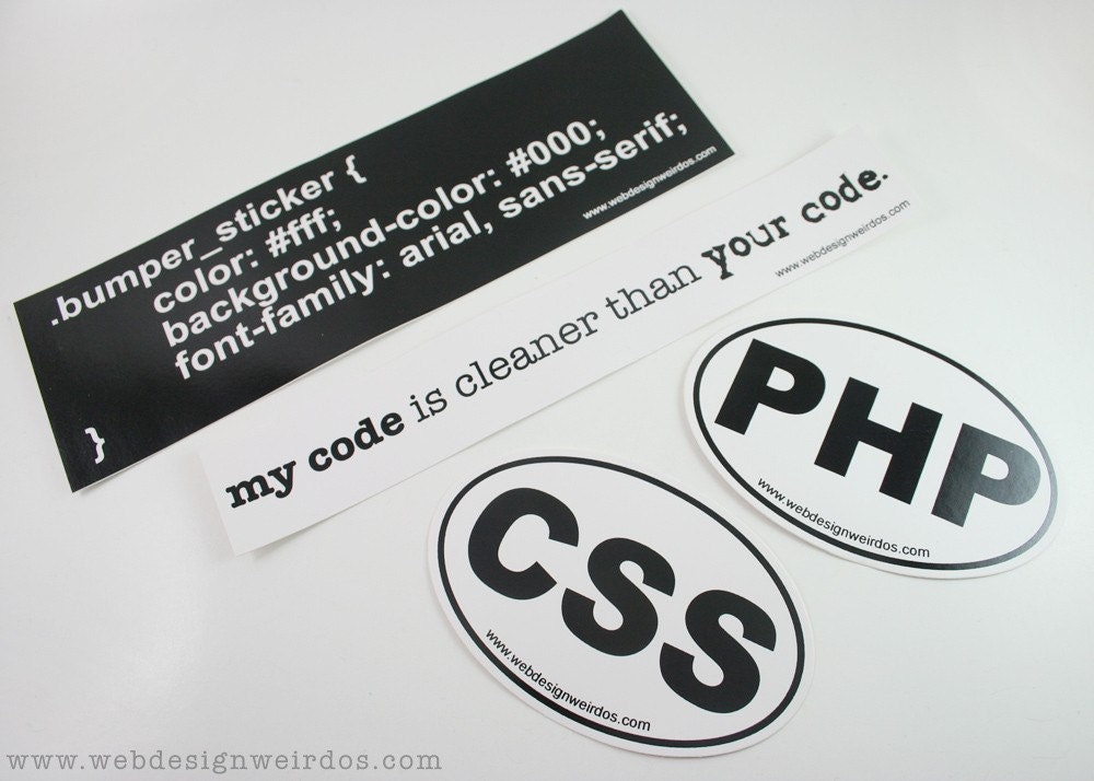 Web Development Geek Bumper Sticker Set. Four Stickers - Two Euro Stickers and Two Long Stickers.