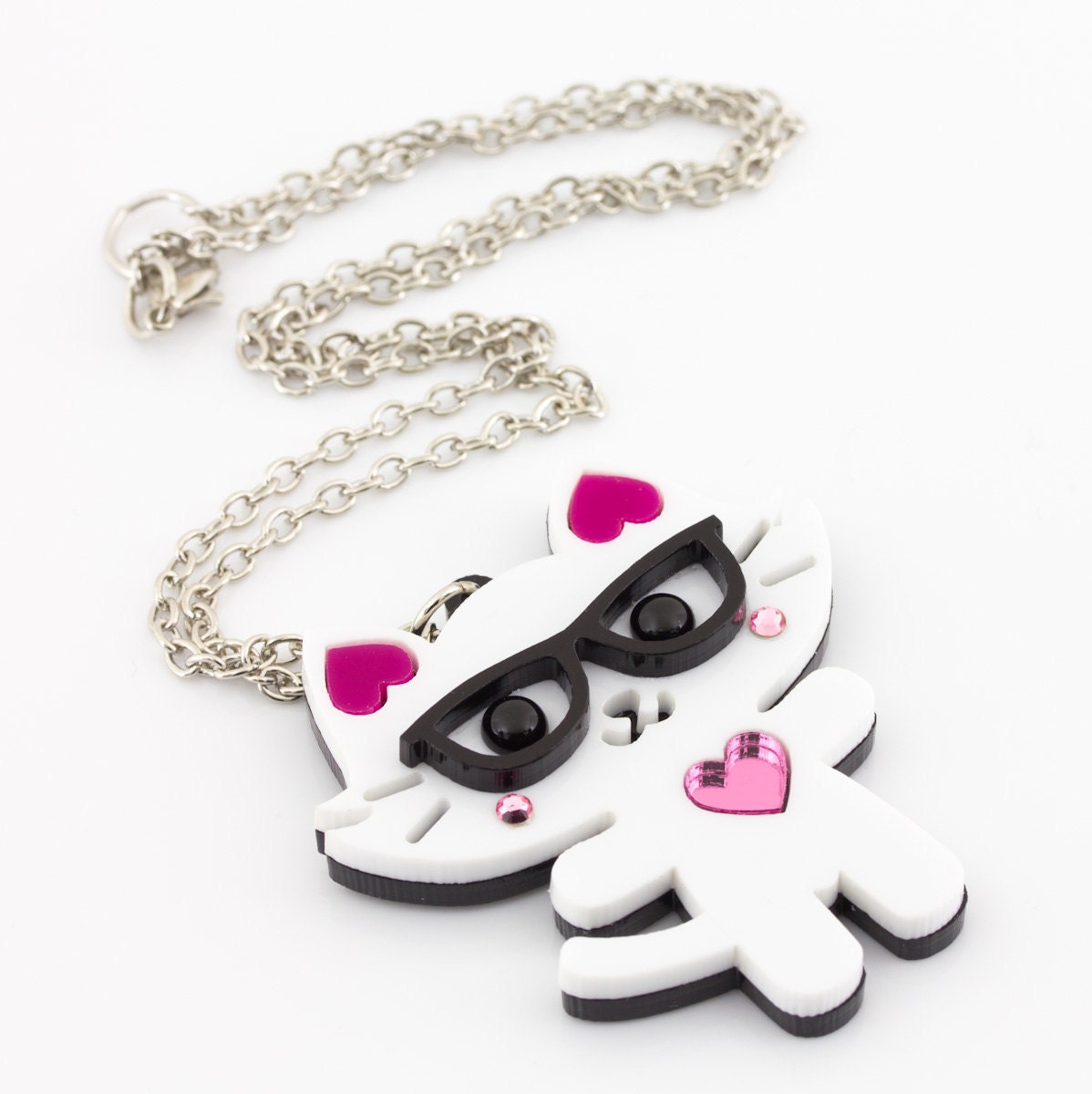 Geeky Kitty With Glasses Laser Cut Layered Acrylic Pendant Kawaii Japanese Anime Style