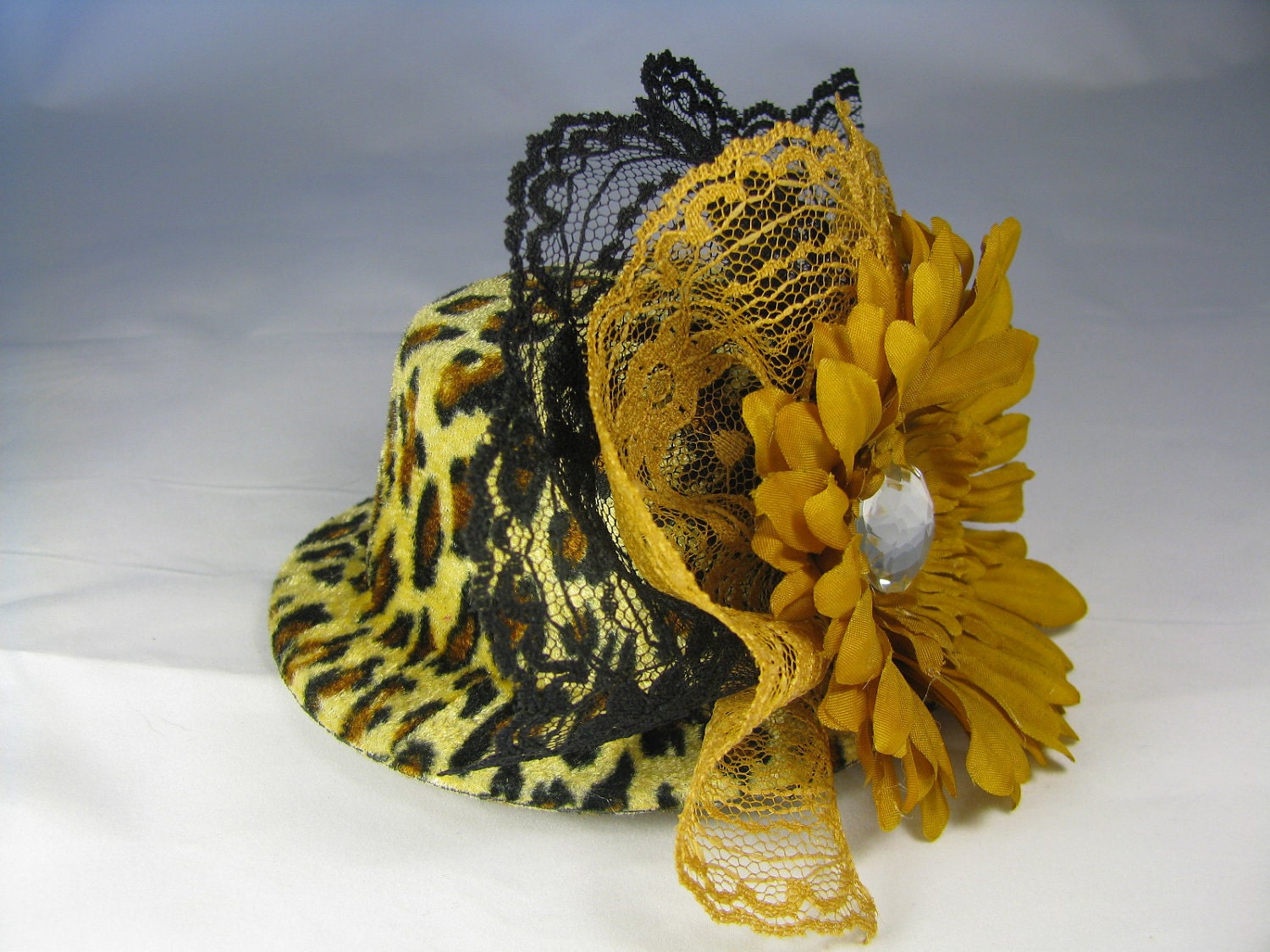Mini Top Hat - Fascinator - Brown Cheetah Print Hat, Gold and Black Lace and Gold Flower