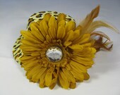 Mini Top Hat - Fascinator - Brown Cheetah Print Hat,  Gold Flower and Feathers - MH25