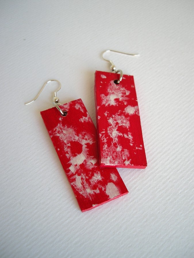 Hand painted wooden earrings in Red and White abstract design - FishesMakeWishes