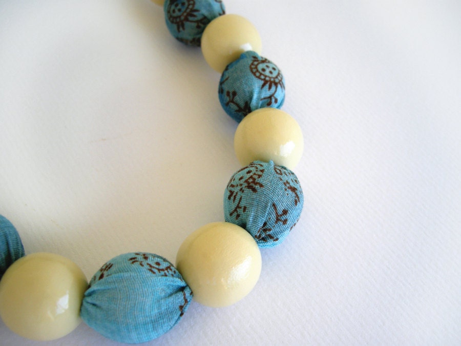 Blue fabric necklace with cream white wooden beads - textile jewelry