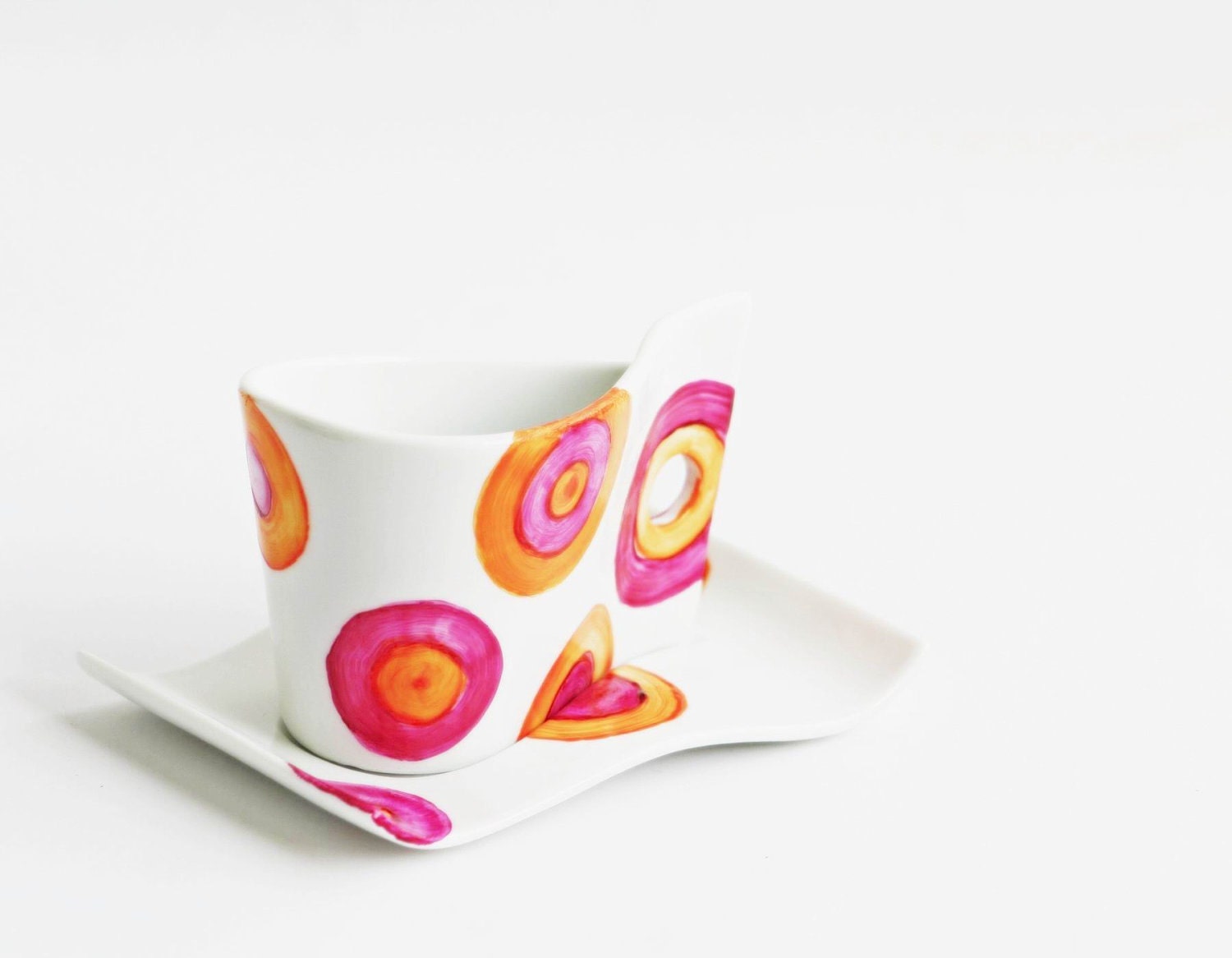 Hot Orange Pink Polka Dots Tea Coffee Ceramic Cup Hand Painted circles - NevenaArtGlass