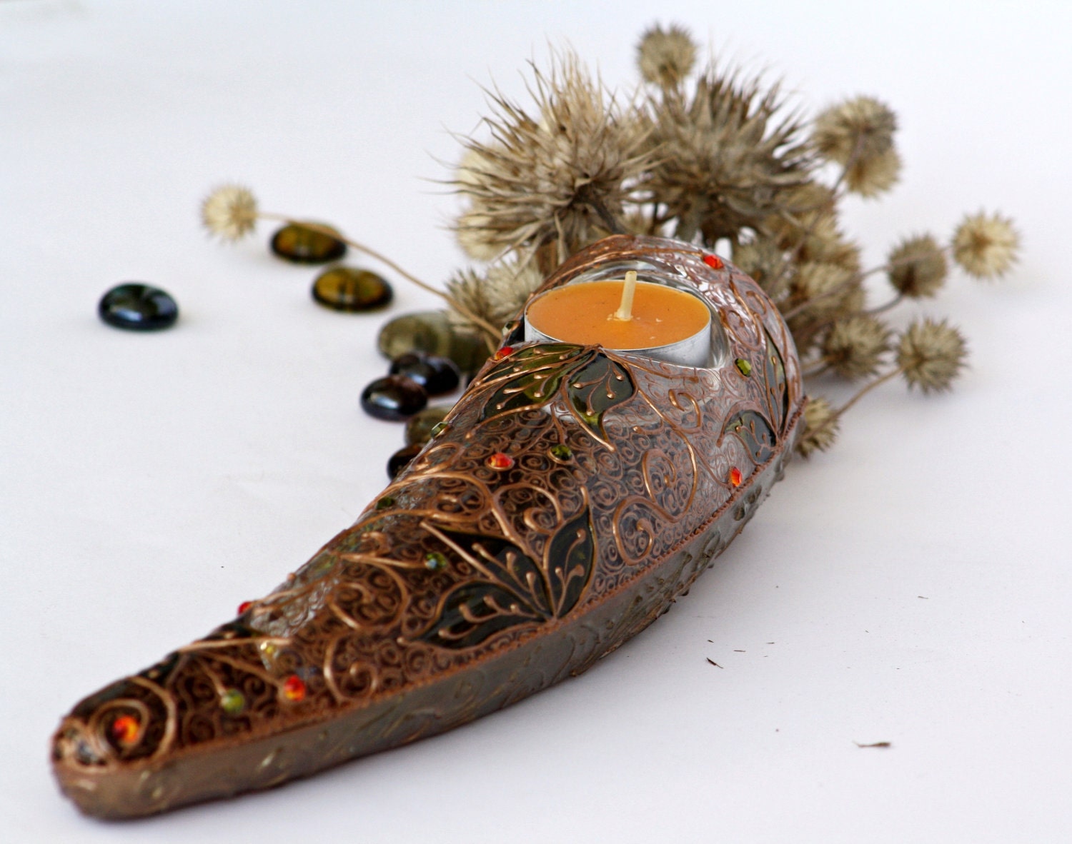Glass Tea Light Candle Holder-Hand Painted Copper Lace