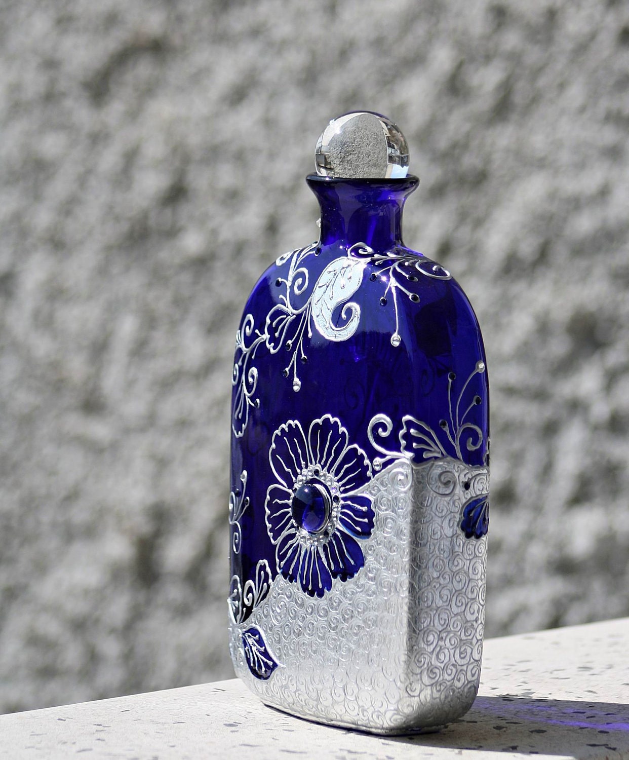 Hand Painted Royal Blue Glass Art Bottle,decorated with Swarovski Crystals Home Decor Vase