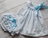 Modern swing style Girls Polka dot Hand Smocked dress and panties