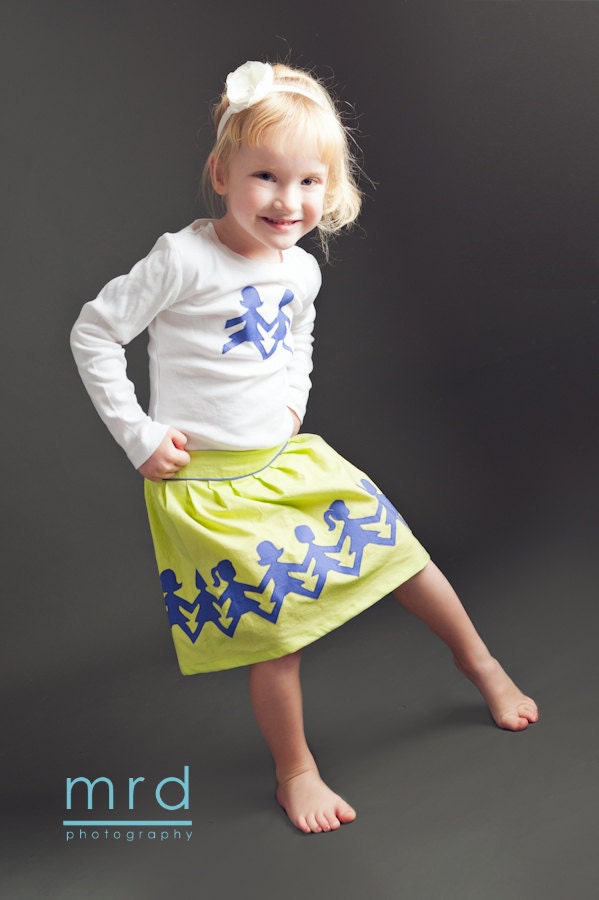 Lime Green Skirt with Purple Paper doll Applique with coordinating Top