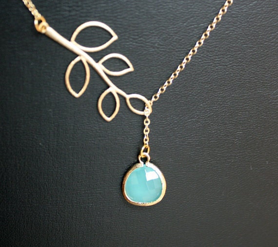 Blue glass leaf necklace, gold lariat necklace, glass stone in bezel - wedding jewelry, bridesmaids gifts, branch necklace, blue jewelry