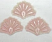 Venice Lace Fan Motif Peacock Tail Applique Set of 3 Pink Colorwashed Golden