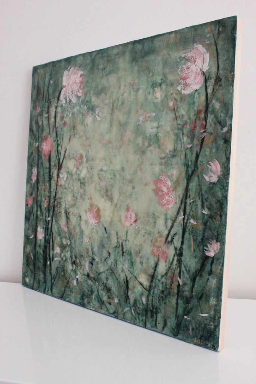 Painting  Encaustic Beeswax Painting When we Met 20 x 20   Swalla Studio