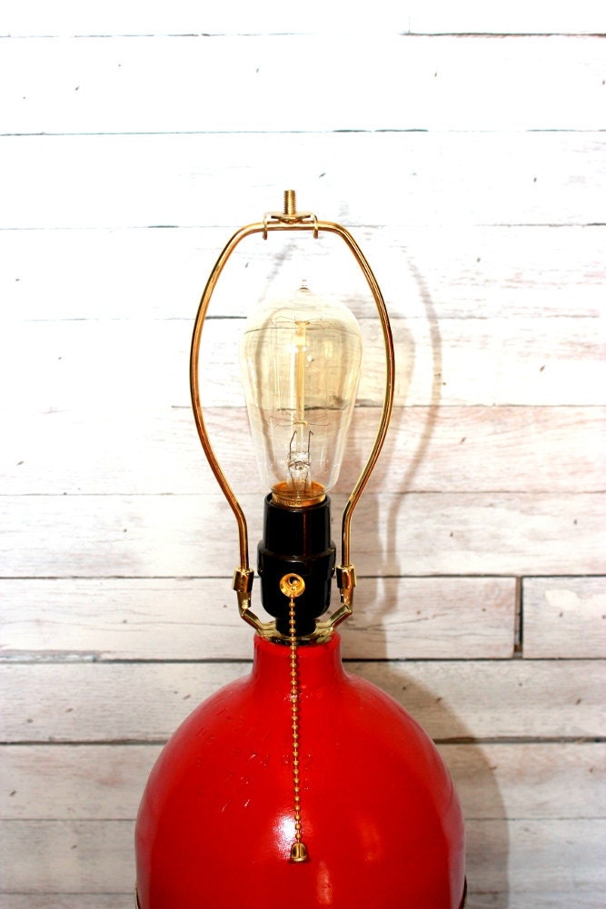 Table Lamp: Reclaimed Upcycled Fire Extinguisher with original aluminum band with instructions