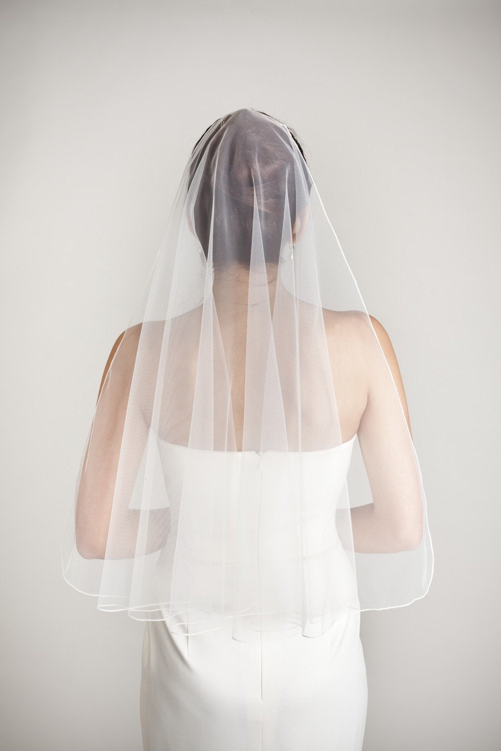 Waterfall - one layer wedding bridal veil, 30 inch (waist length) with a thin seam edge, white or ivory - BridalAmbiance