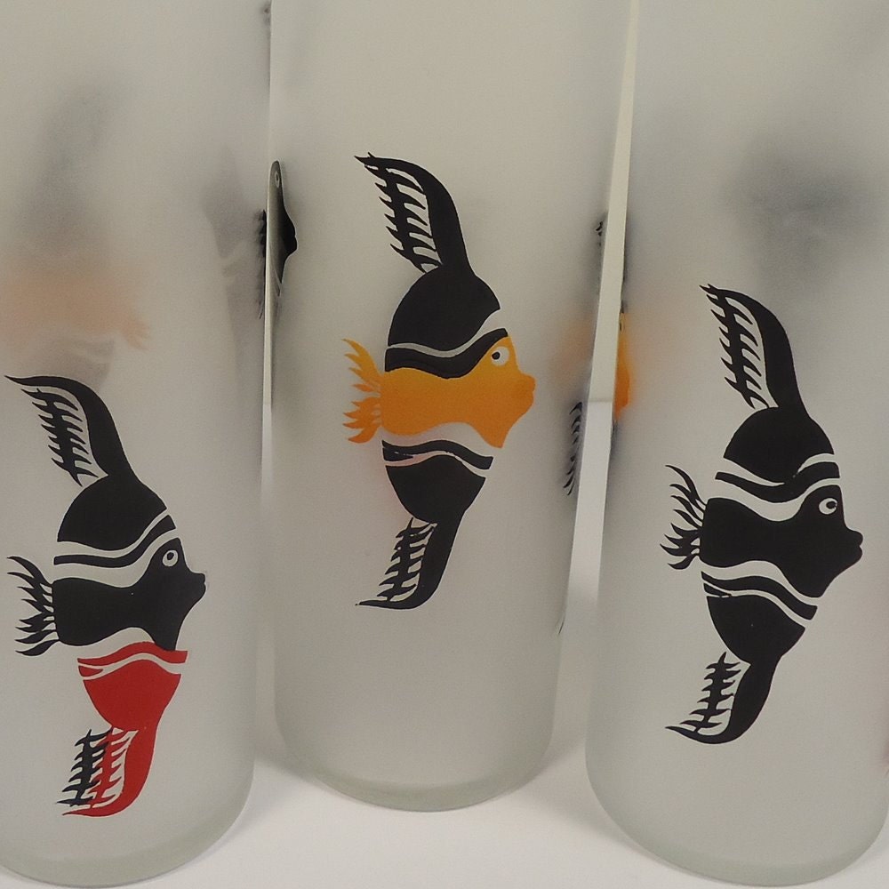 3 Frosted Angel Fish Glass Tumblers 1950s Federal Glass