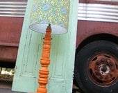 Floor Lamp Upcycled Wood Spindle with Custom Shade in Tangerine and Turquoise