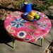 Ottoman Coffee Table Round Upcycled in Designer Fabric with Wood Legs in Moss Green