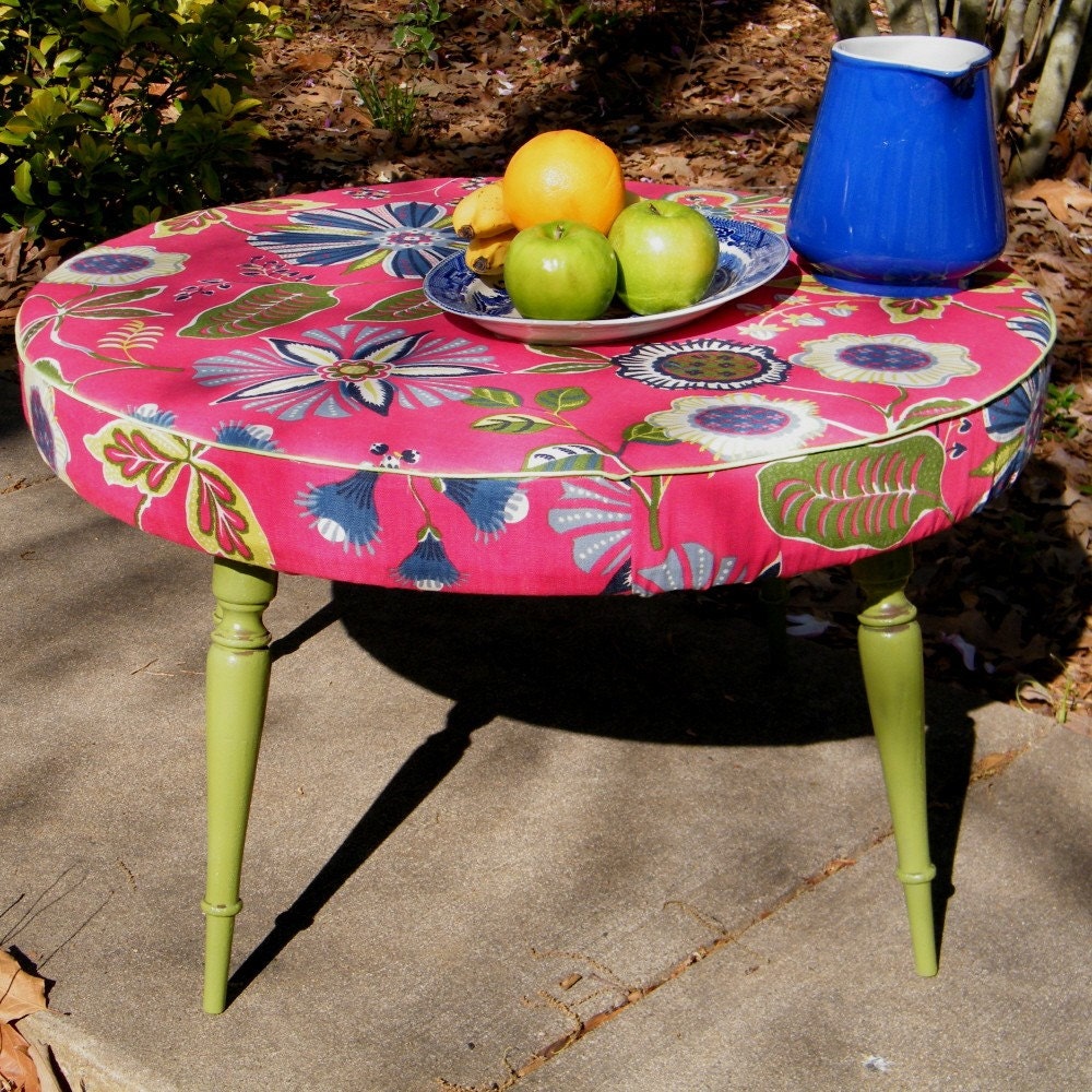 Ottoman Coffee Table Round Upcycled in Designer Fabric with Wood Legs in Moss Green