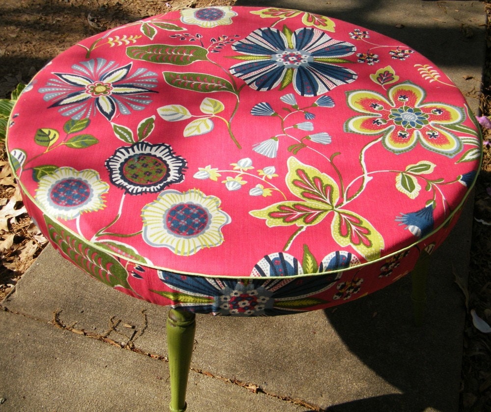Ottoman Coffee Table Round Upcycled in Designer Fabric with Wood Legs in Moss Green