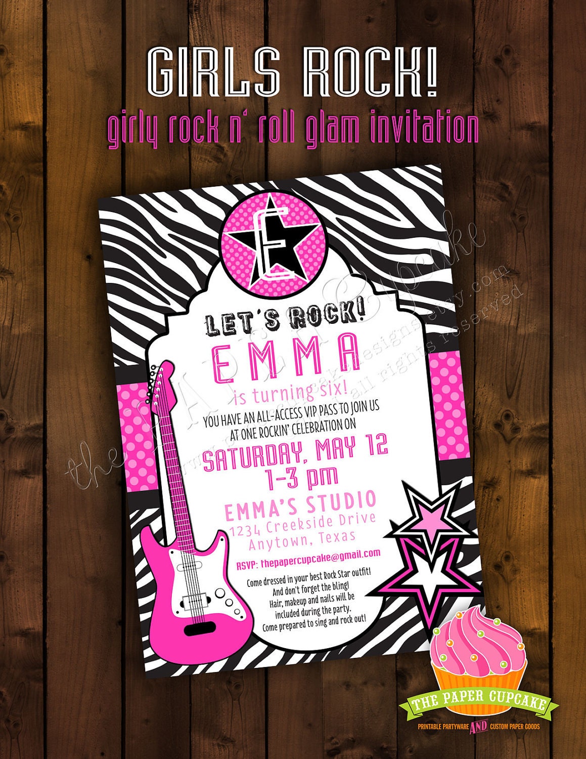 Printable Invitation Design - Girls Rock / Let's Rock Girly Glam Rock N' Roll Collection - DIY Printables by The Paper Cupcake